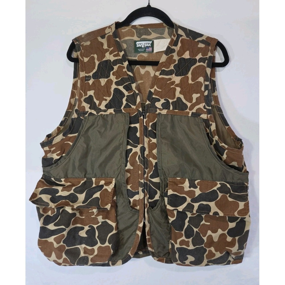 Vintage Saf-T-Bak Vest Mens Large 42-44 Brown Camo Quilted Hunting Canvas USA
